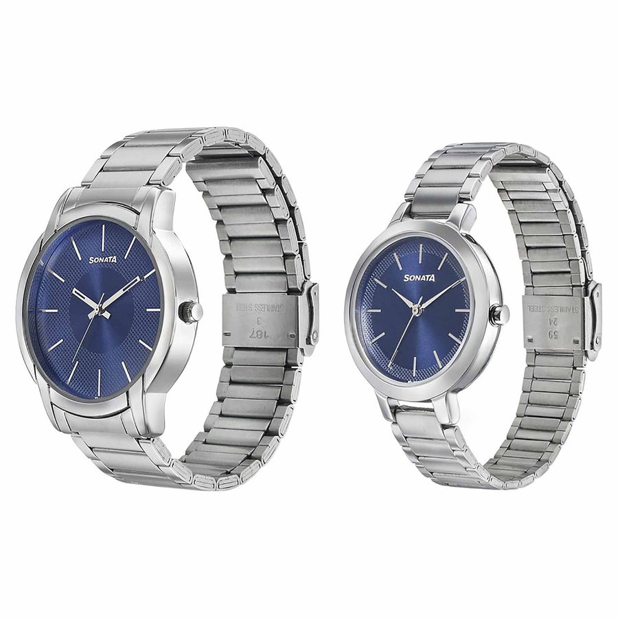 Sonata Quartz Analog Blue Dial Metal Strap Watch for Couple