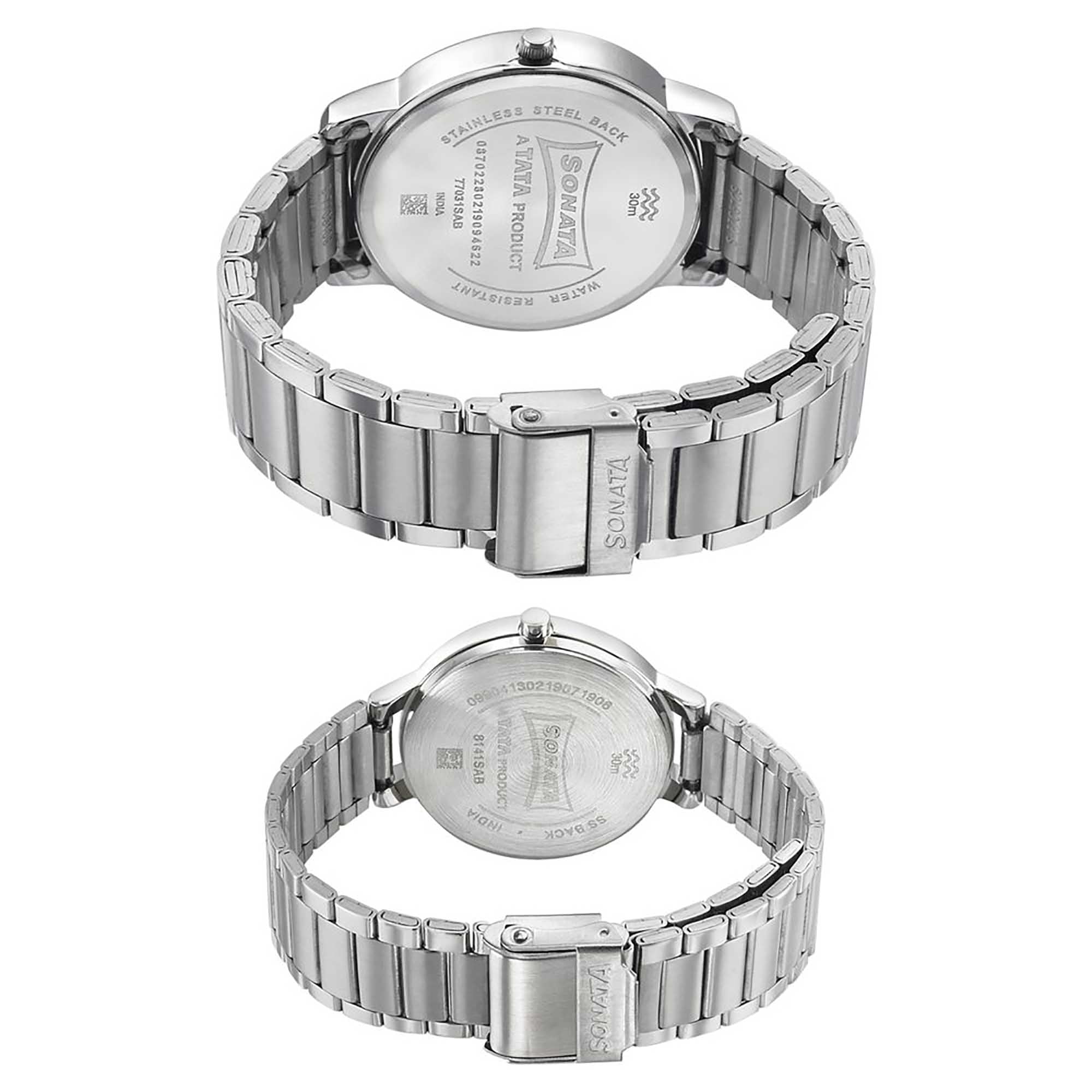 Sonata Quartz Analog Blue Dial Metal Strap Watch for Couple