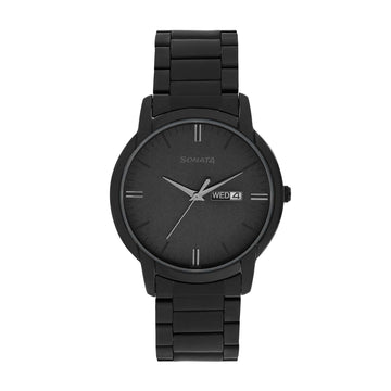 Sonata Quartz Analog with Day and Date Black Dial Stainless Steel Strap Watch for Men
