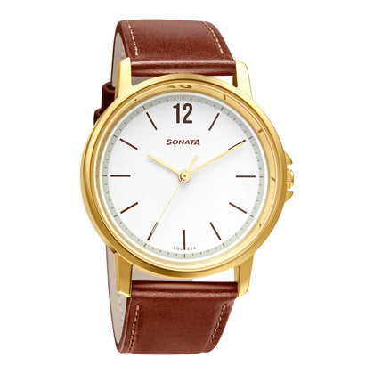 Sonata Quartz Analog White Dial Leather Strap Watch for Men