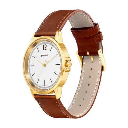 Sonata Quartz Analog White Dial Leather Strap Watch for Men