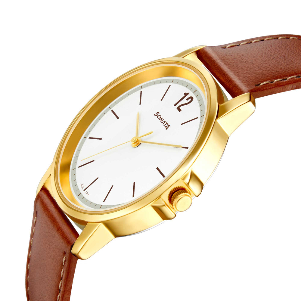 Sonata Quartz Analog White Dial Leather Strap Watch for Men