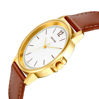 Sonata Quartz Analog White Dial Leather Strap Watch for Men