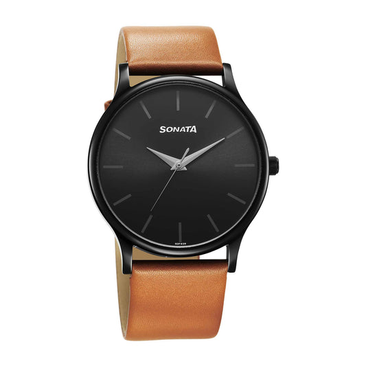 Sonata Aspire Quartz Analog Black Dial Leather Strap Watch for Men
