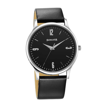 Sonata Aspire Quartz Analog Black Dial Leather Strap Watch for Men