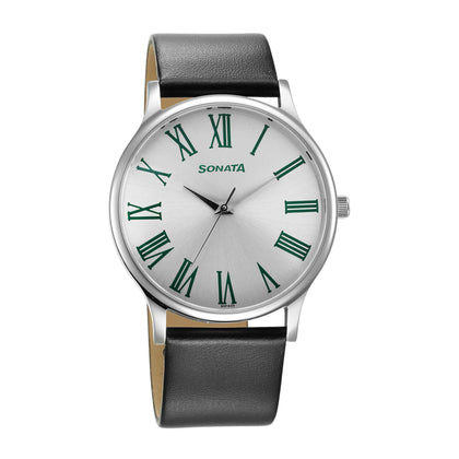 Sonata Aspire Quartz Analog Silver Dial Leather Strap Watch for Men