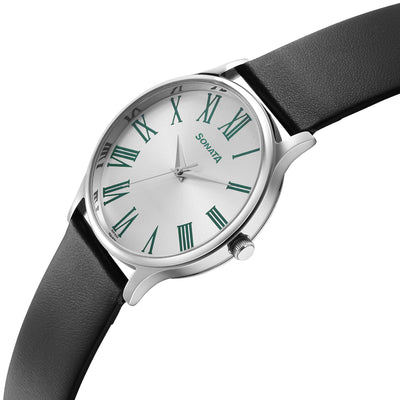 Sonata Aspire Quartz Analog Silver Dial Leather Strap Watch for Men
