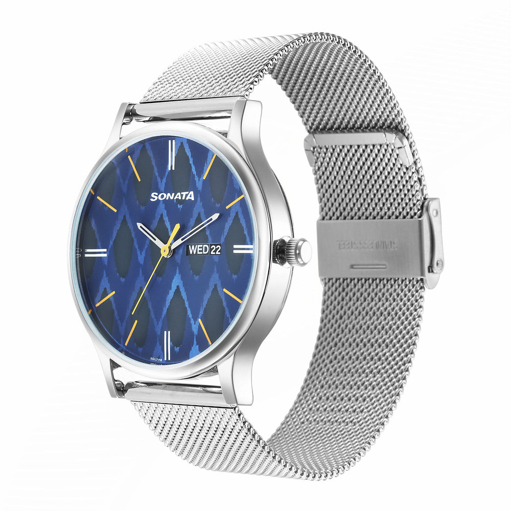 Knot Blue Dial Stainless Steel Strap Watch for Men