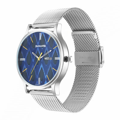 Knot Blue Dial Stainless Steel Strap Watch for Men