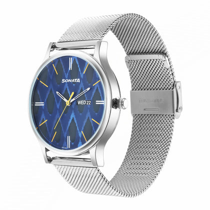 Knot Blue Dial Stainless Steel Strap Watch for Men