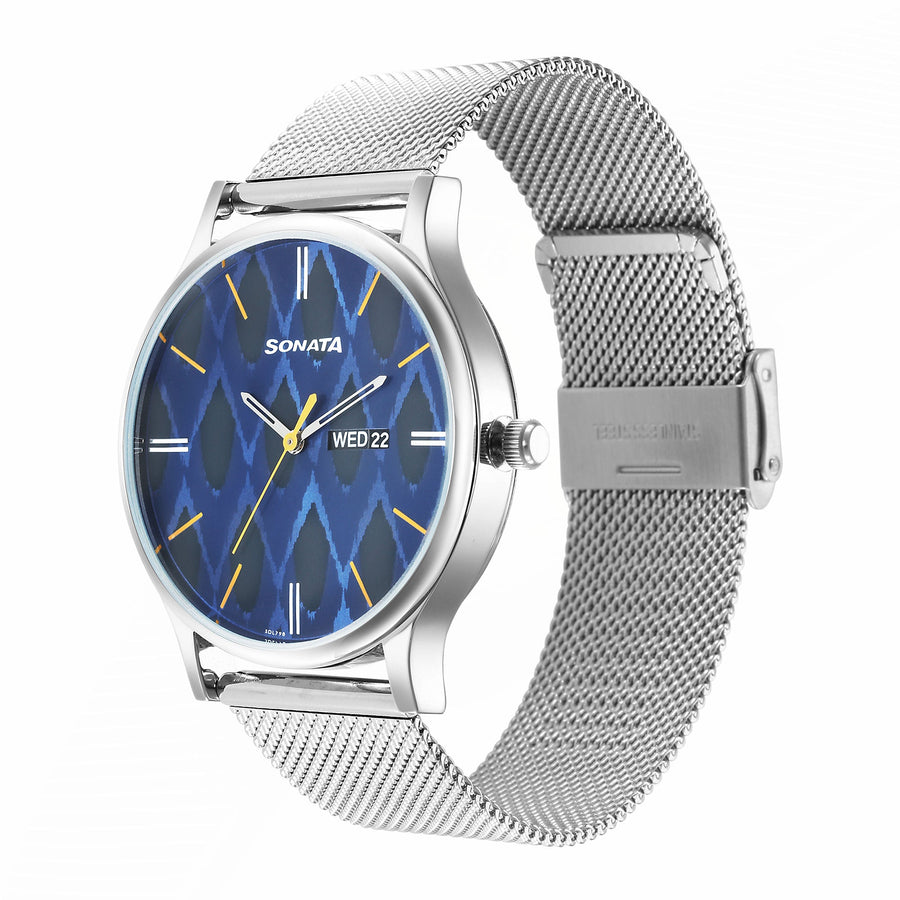 Knot Blue Dial Stainless Steel Strap Watch for Men