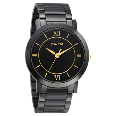 Sonata Quartz Analog Black Dial Metal Strap Watch for Men