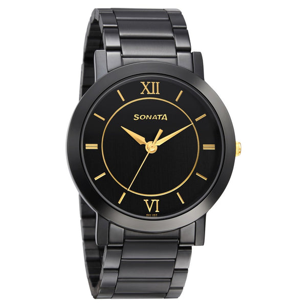 Sonata Quartz Analog Black Dial Metal Strap Watch for Men