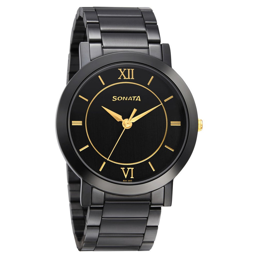 Sonata Quartz Analog Black Dial Metal Strap Watch for Men