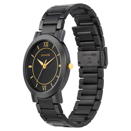 Sonata Quartz Analog Black Dial Metal Strap Watch for Men