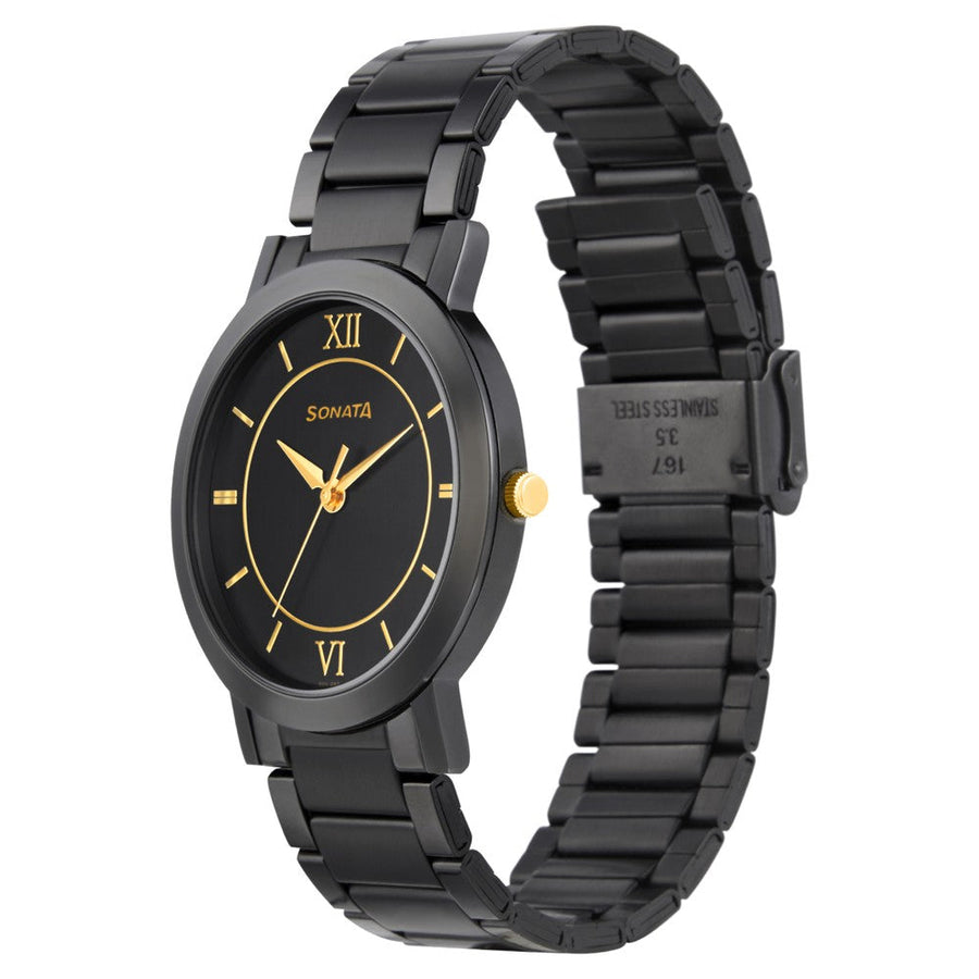 Sonata Quartz Analog Black Dial Metal Strap Watch for Men