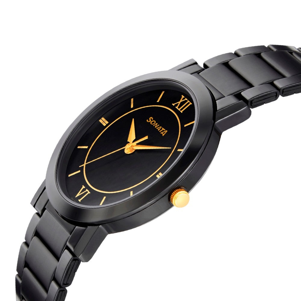 Sonata Quartz Analog Black Dial Metal Strap Watch for Men