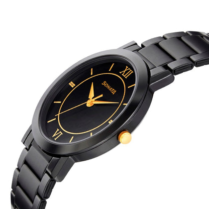 Sonata Quartz Analog Black Dial Metal Strap Watch for Men