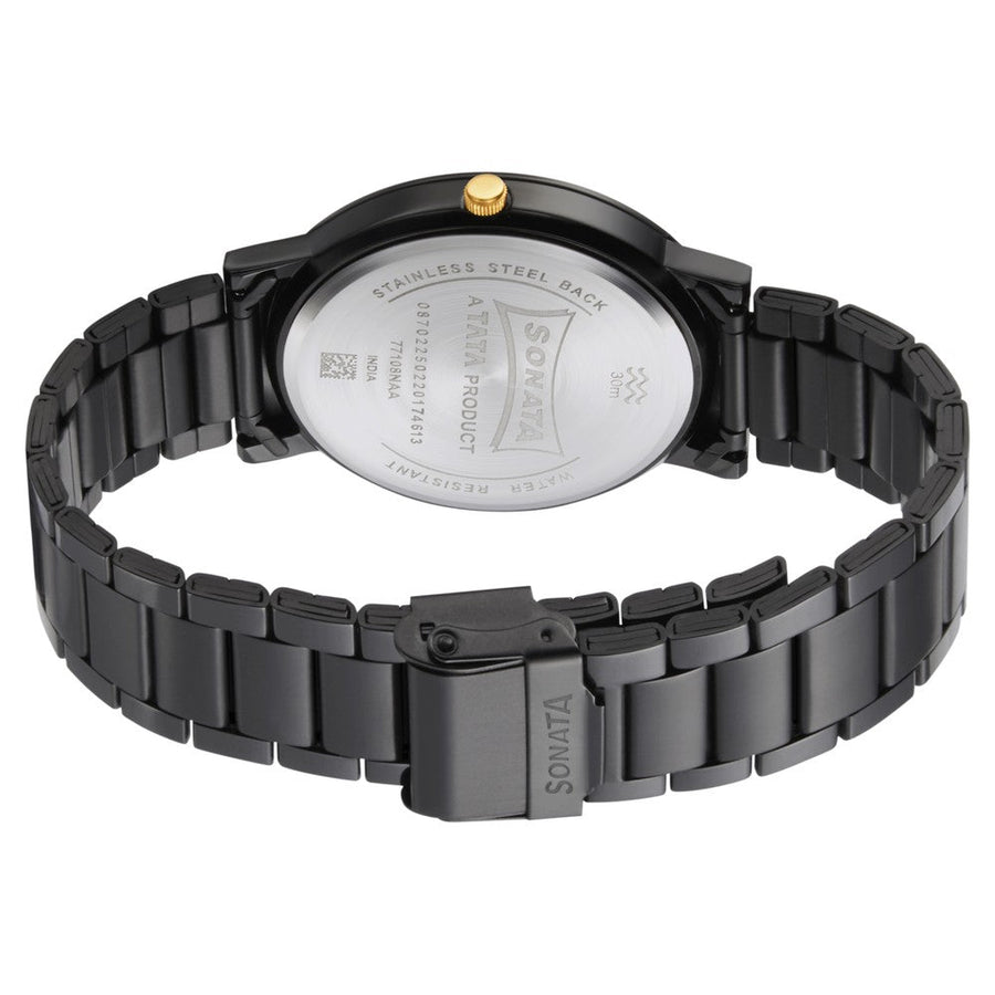 Sonata Quartz Analog Black Dial Metal Strap Watch for Men