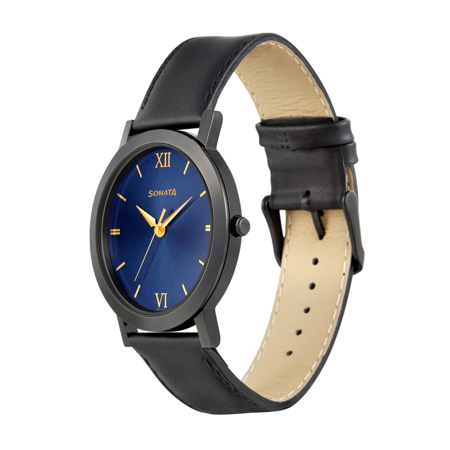 Sonata Quartz Analog Blue Dial Leather Strap Watch for Men