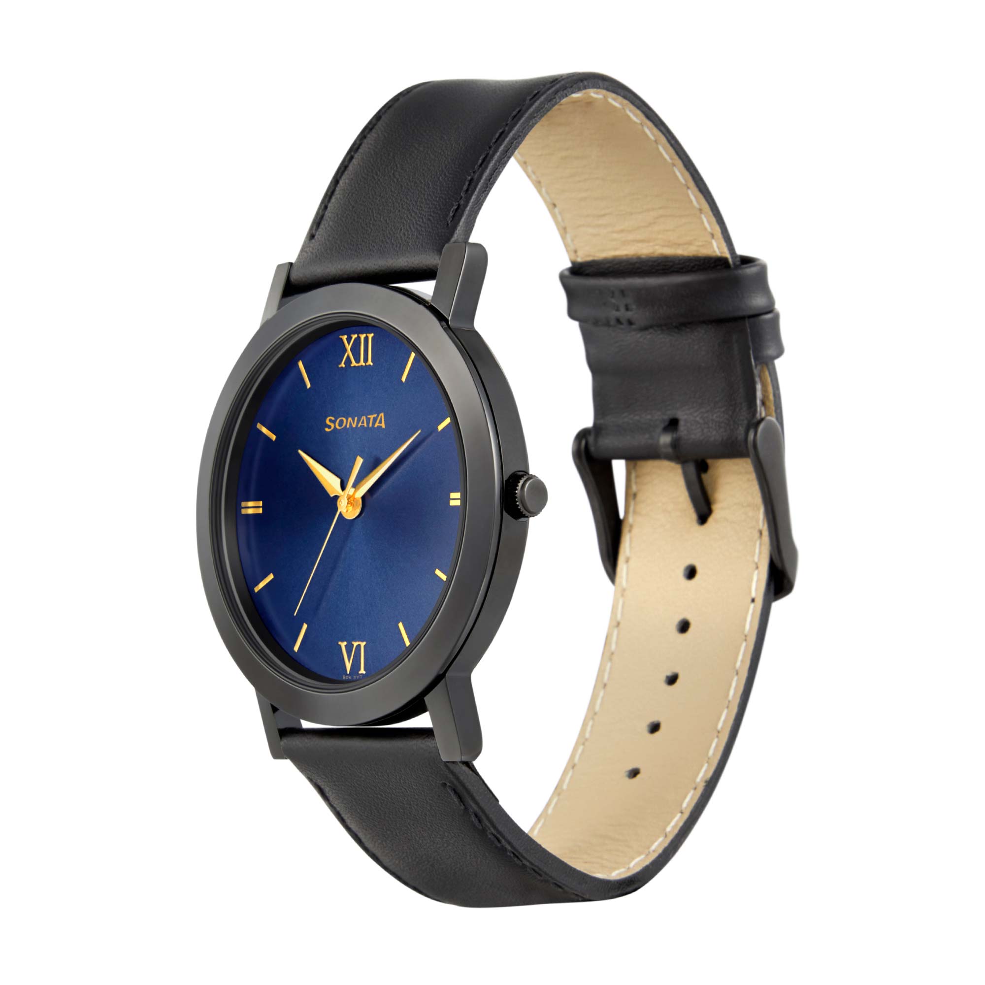 Sonata Quartz Analog Blue Dial Leather Strap Watch for Men