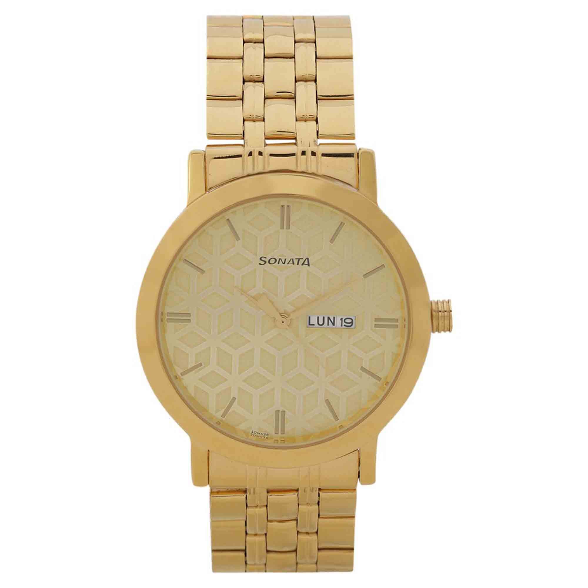 Sonata Quartz Analog with Day and Date Golden Dial Stainless Steel Strap Watch for Men