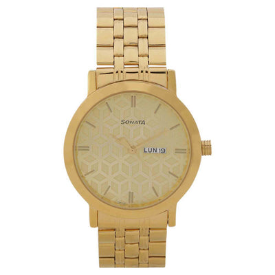 Sonata Quartz Analog with Day and Date Golden Dial Stainless Steel Strap Watch for Men
