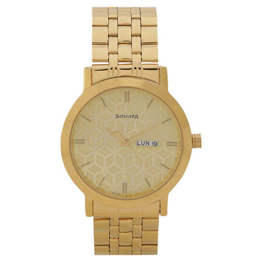 Sonata Quartz Analog with Day and Date Golden Dial Stainless Steel Strap Watch for Men