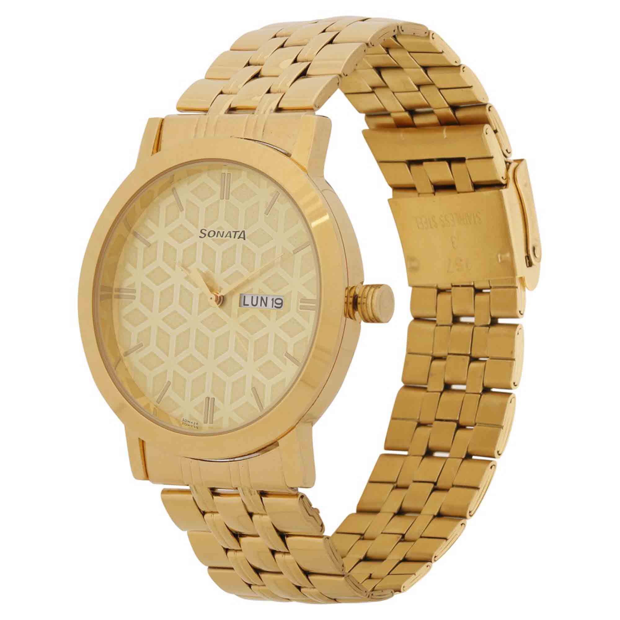 Sonata Quartz Analog with Day and Date Golden Dial Stainless Steel Strap Watch for Men