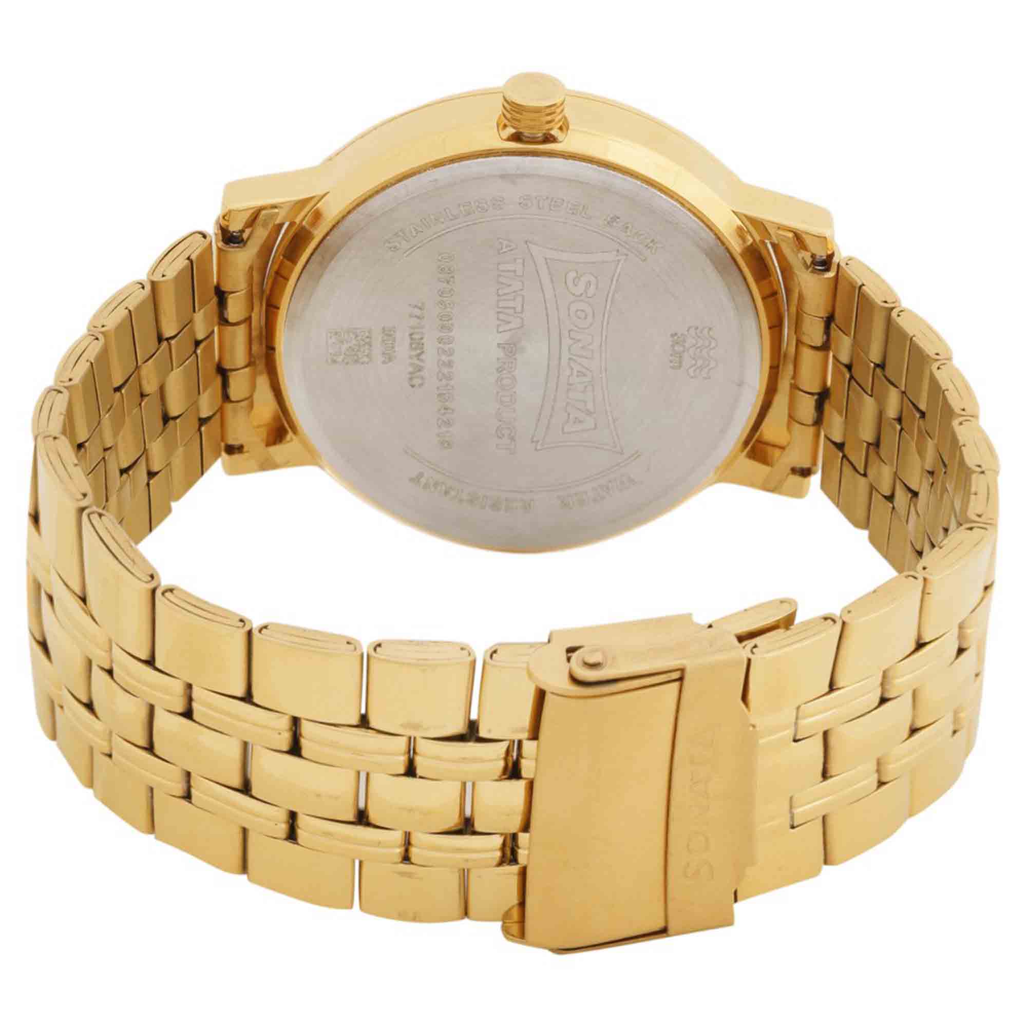 Sonata Quartz Analog with Day and Date Golden Dial Stainless Steel Strap Watch for Men