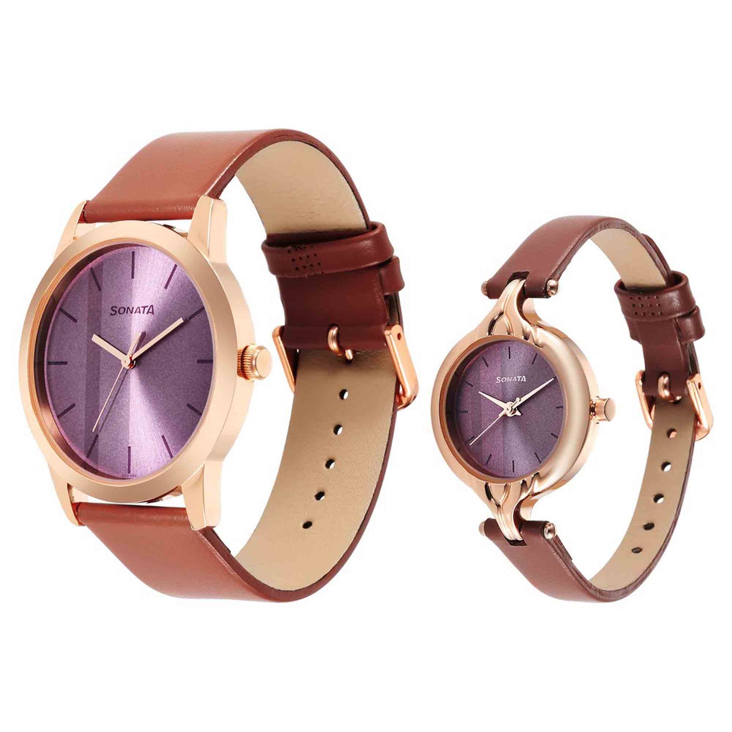 Sonata Quartz Analog Purple Dial Leather Strap Watch for Couple