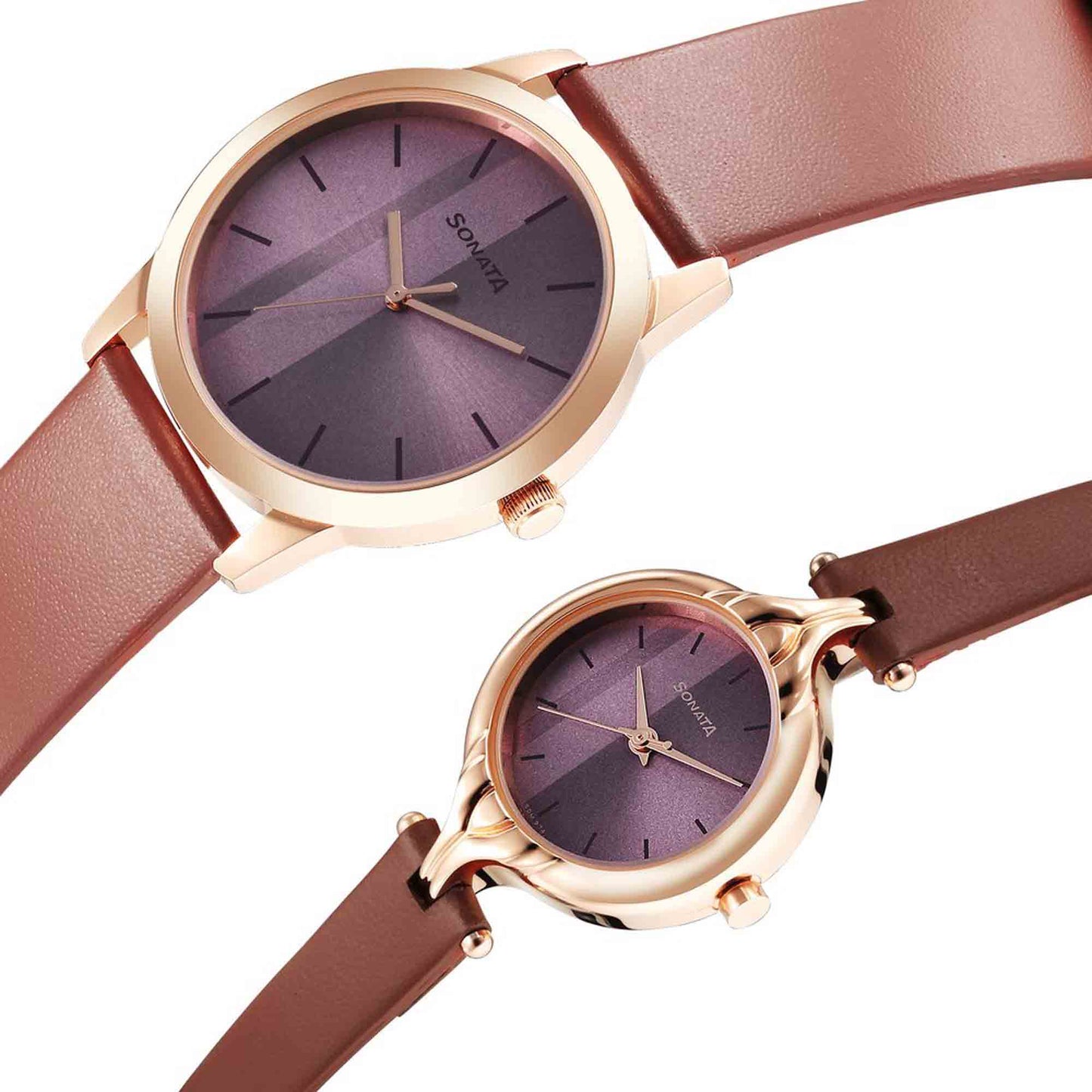 Sonata Quartz Analog Purple Dial Leather Strap Watch for Couple