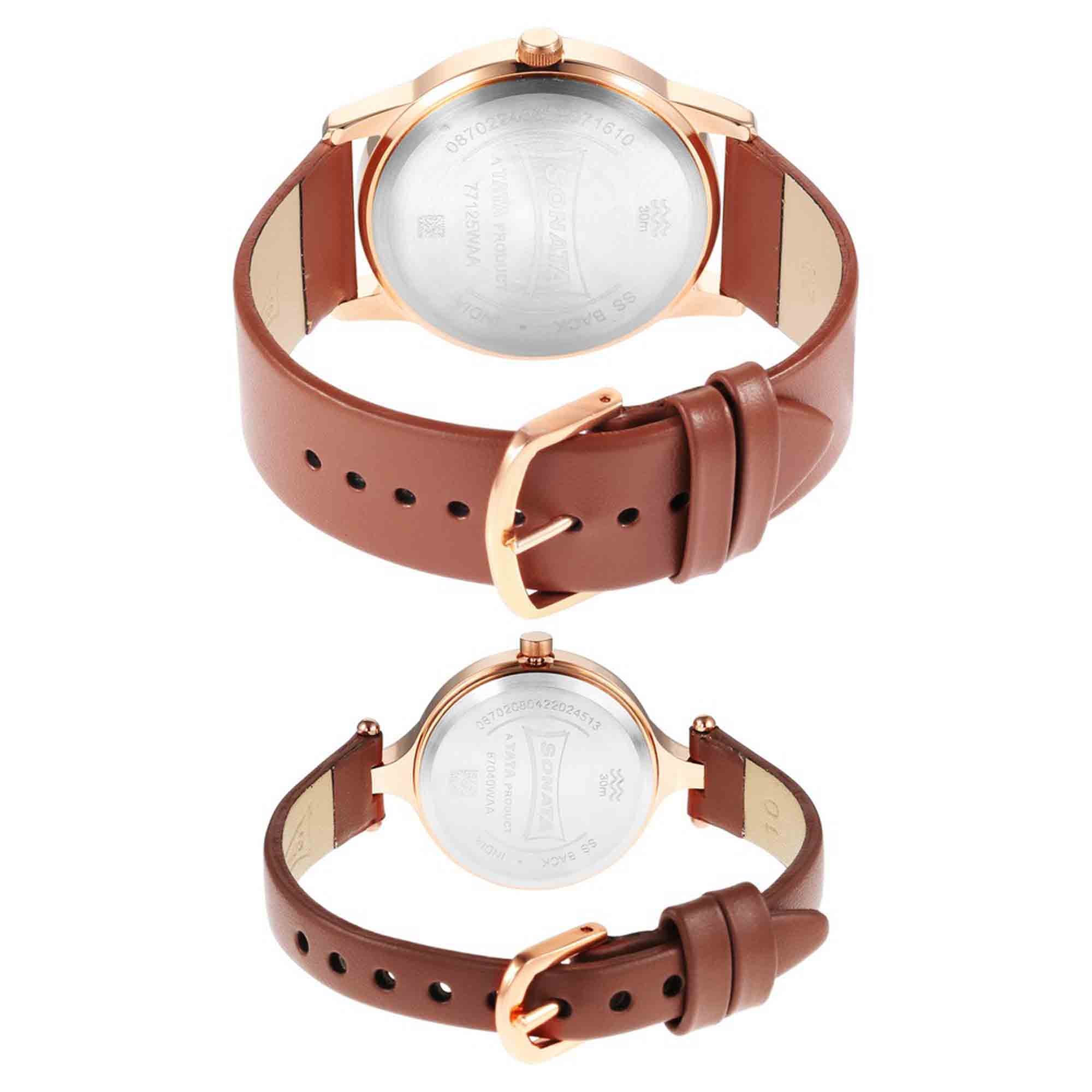 Sonata Quartz Analog Purple Dial Leather Strap Watch for Couple