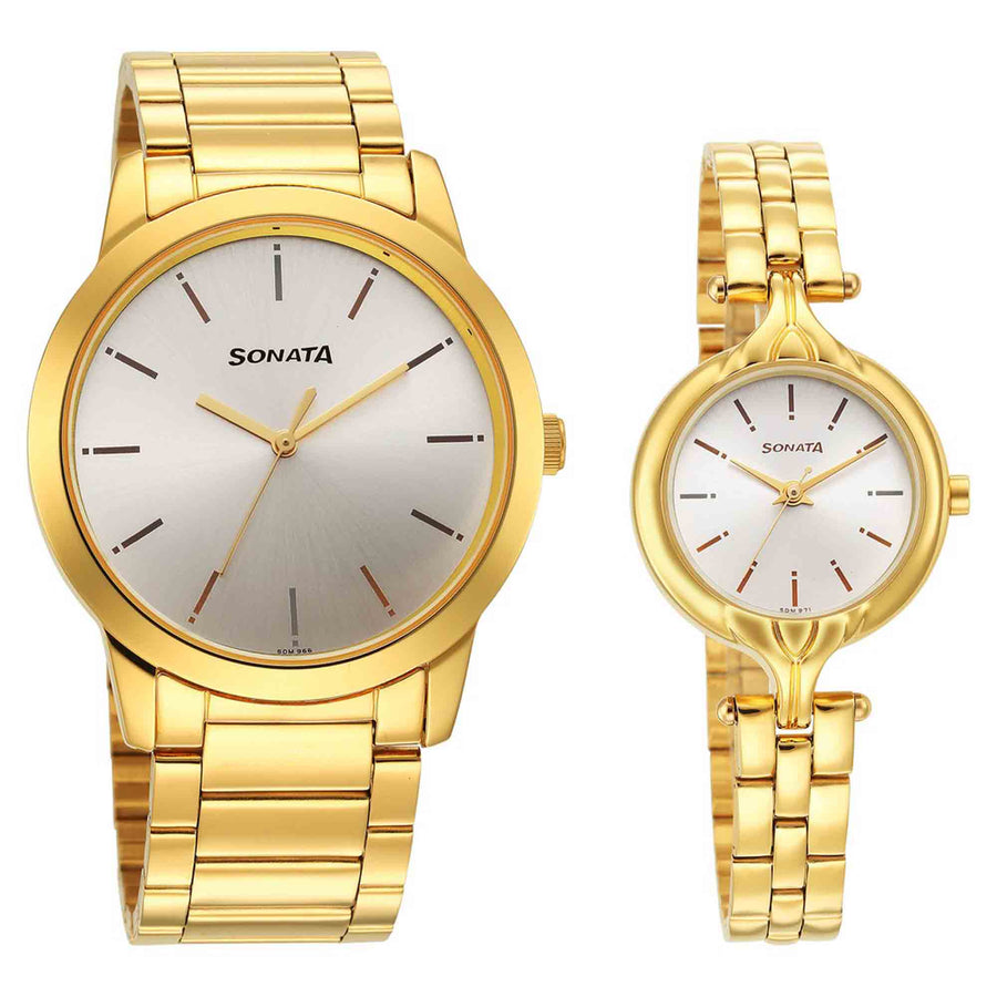 Sonata Quartz Analog Silver Dial Stainless Steel Strap Watch for Couple