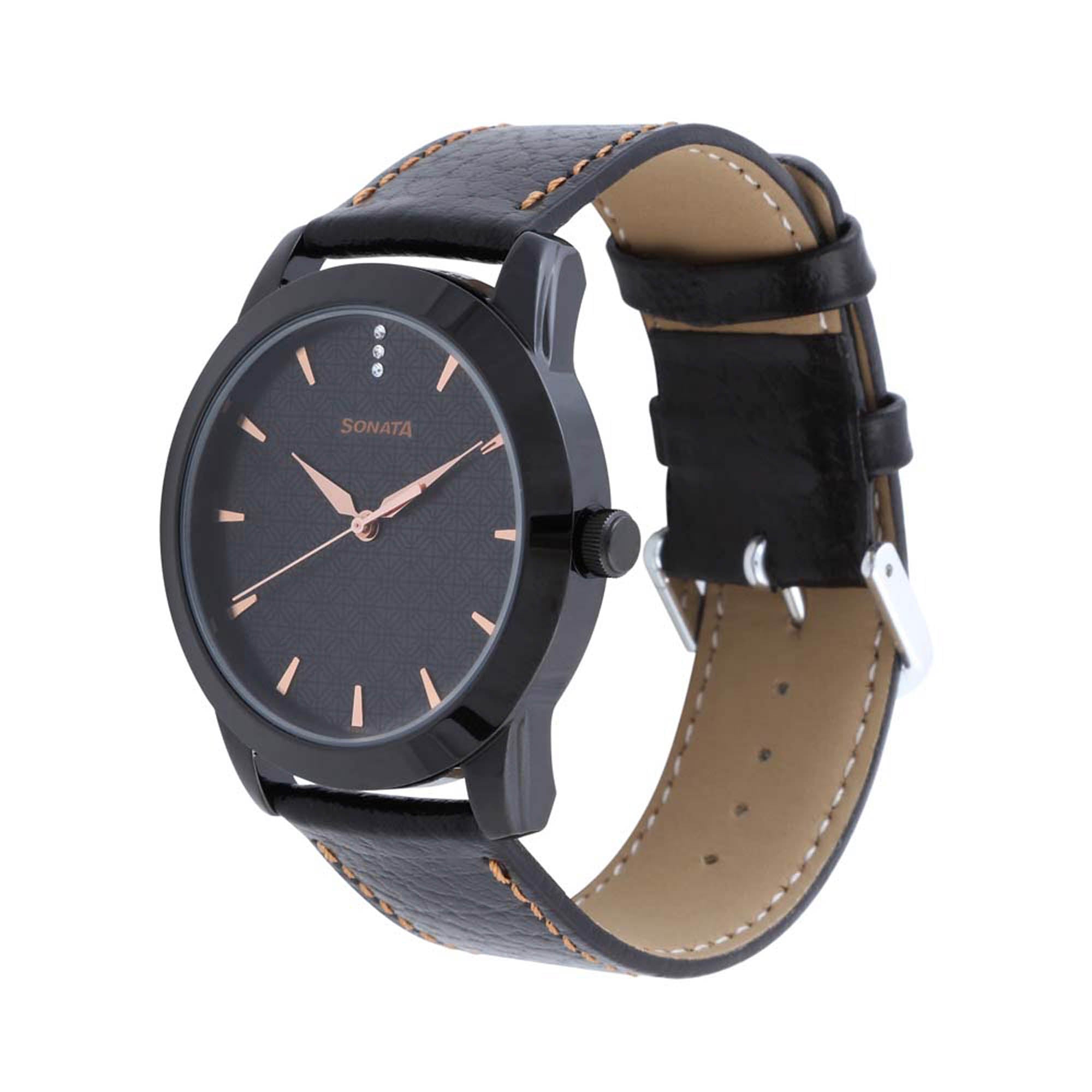 Sonata Quartz Analog Black Dial Leather Strap Watch for Men