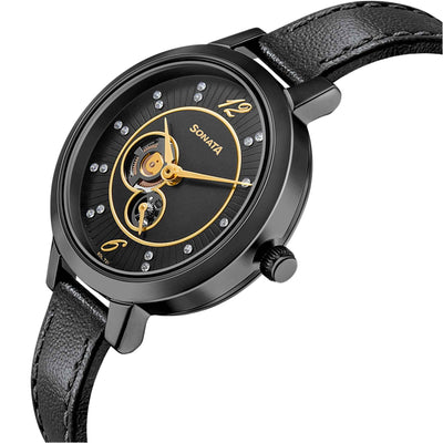 Sonata Unveil Black Dial Women Watch With Leather Strap