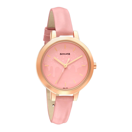 Sonata Play Pink Dial Women Watch With Leather Strap