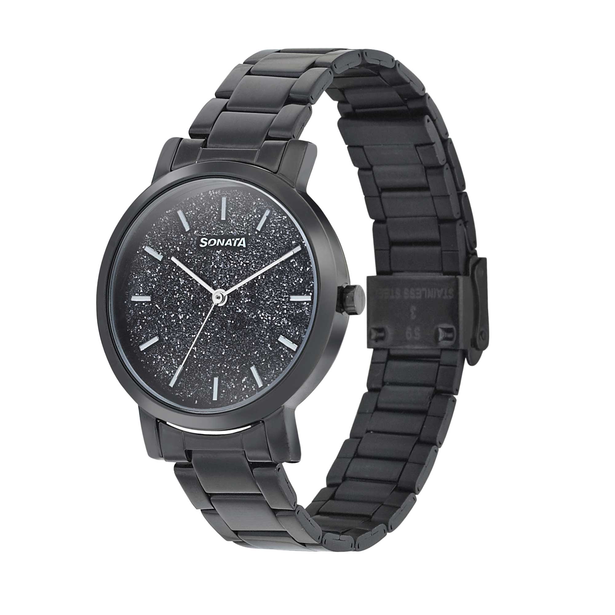 Sonata Onyx Black Dial Women Watch With Stainless Steel Strap