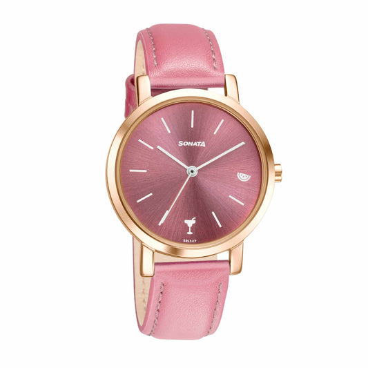 Sonata Play Pink Dial Women Watch With Leather Strap