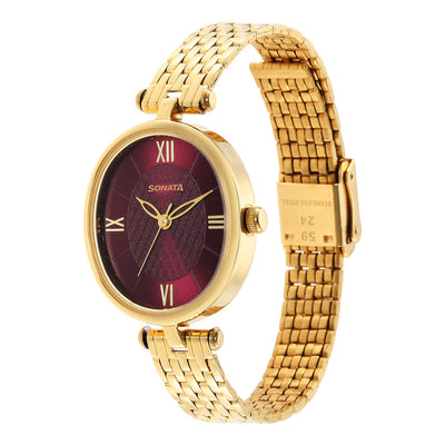 Classic Gold Maroon Dial Metal Strap Watch for Women