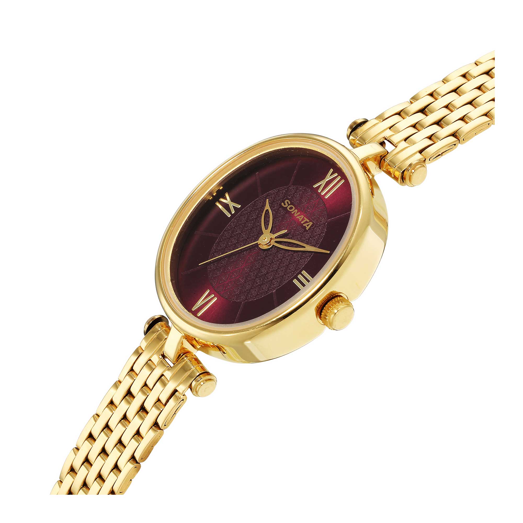 Classic Gold Maroon Dial Metal Strap Watch for Women