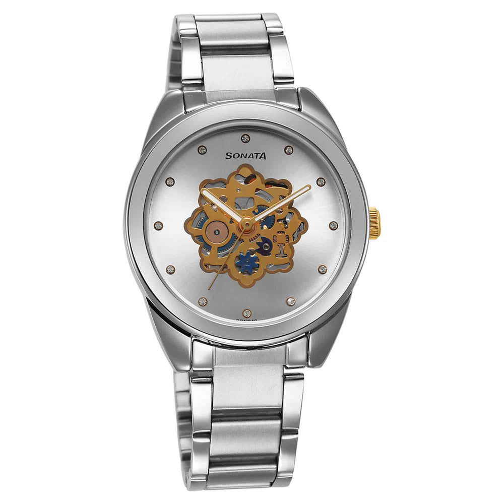 Sonata Unveil Quartz Multifunction Silver Dial Stainless Steel Strap Watch for Women