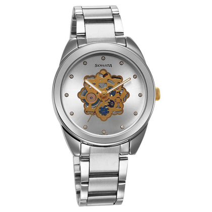 Sonata Unveil Quartz Multifunction Silver Dial Stainless Steel Strap Watch for Women