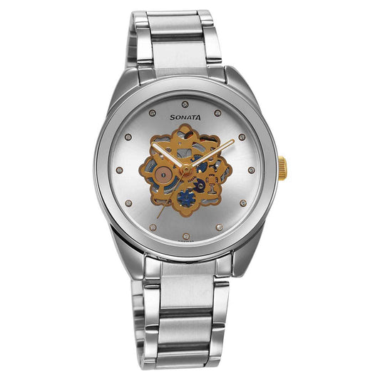 Sonata Unveil Quartz Multifunction Silver Dial Stainless Steel Strap Watch for Women