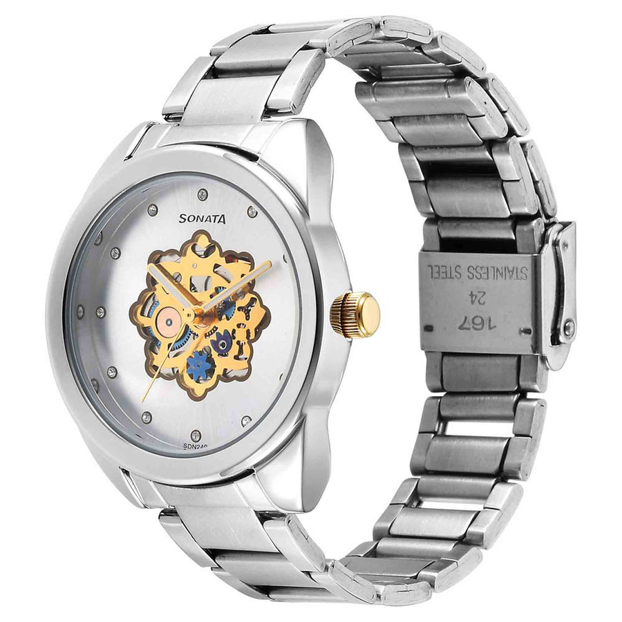 Sonata Unveil Quartz Multifunction Silver Dial Stainless Steel Strap Watch for Women