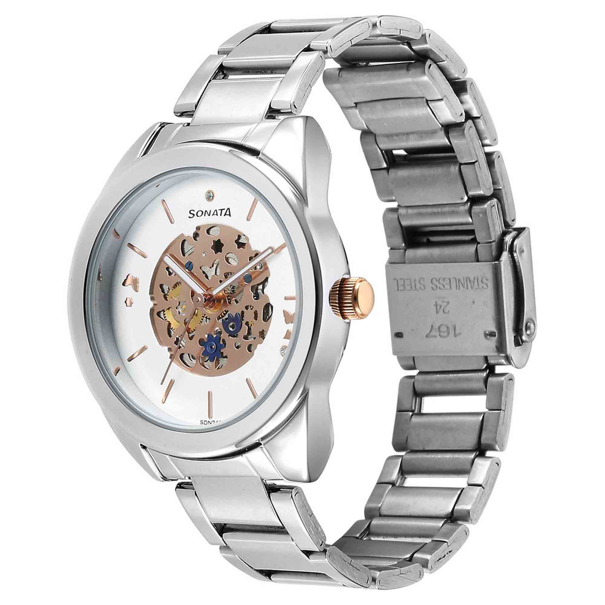 Sonata Unveil Quartz Multifunction Silver Dial Stainless Steel Strap Watch for Women