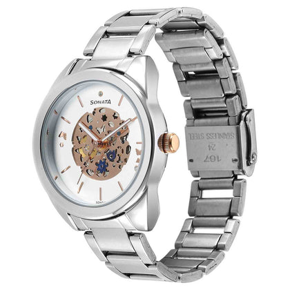 Sonata Unveil Quartz Multifunction Silver Dial Stainless Steel Strap Watch for Women