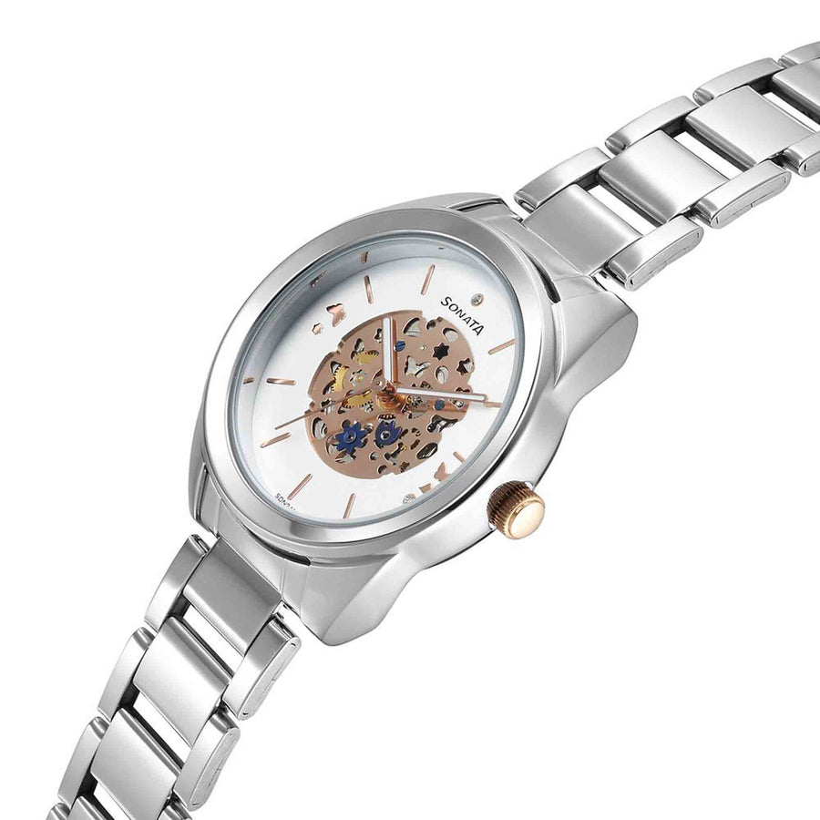 Sonata Unveil Quartz Multifunction Silver Dial Stainless Steel Strap Watch for Women