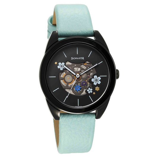 Sonata Unveil Quartz Multifunction Black Dial Leather Strap Watch for Women