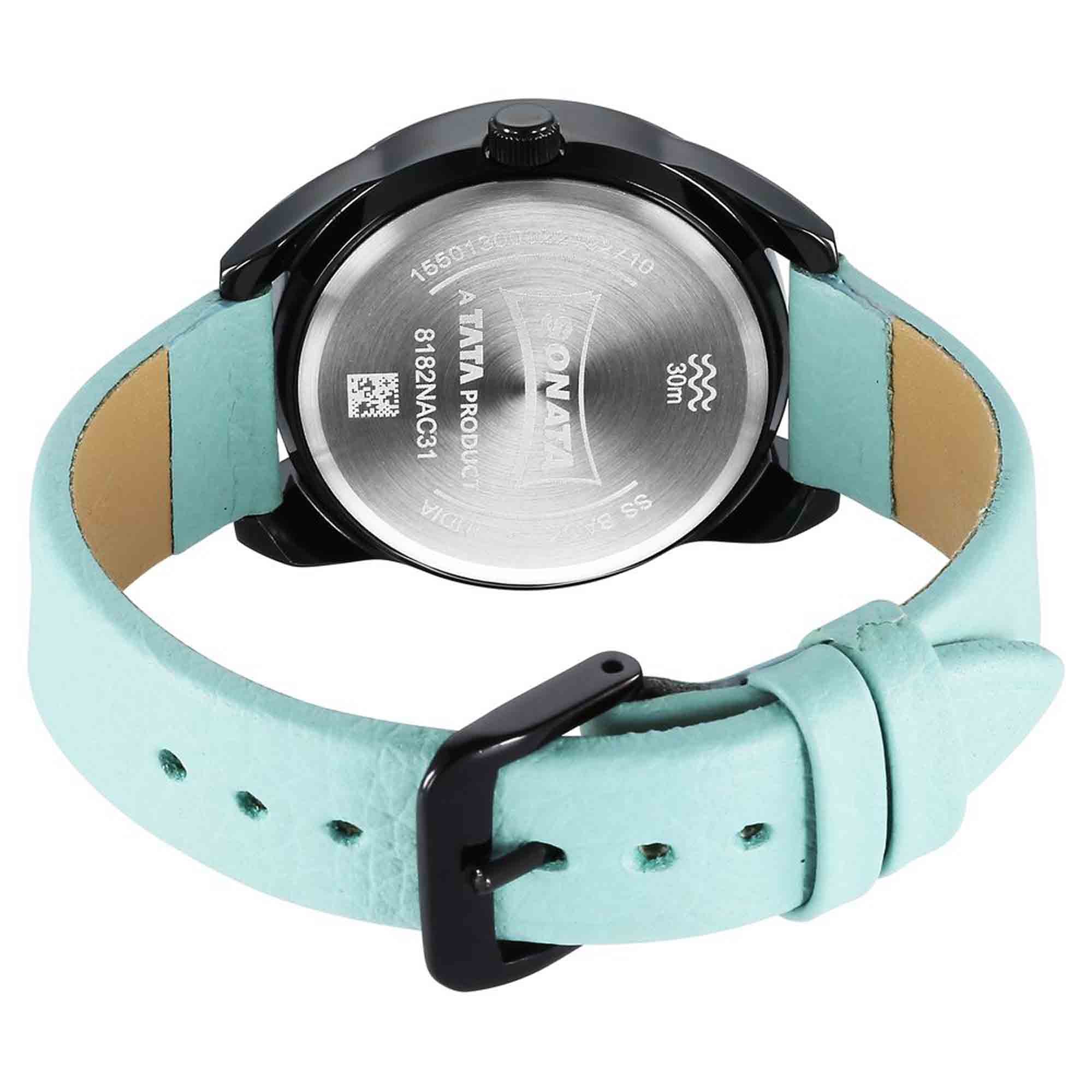 Sonata Unveil Quartz Multifunction Black Dial Leather Strap Watch for Women